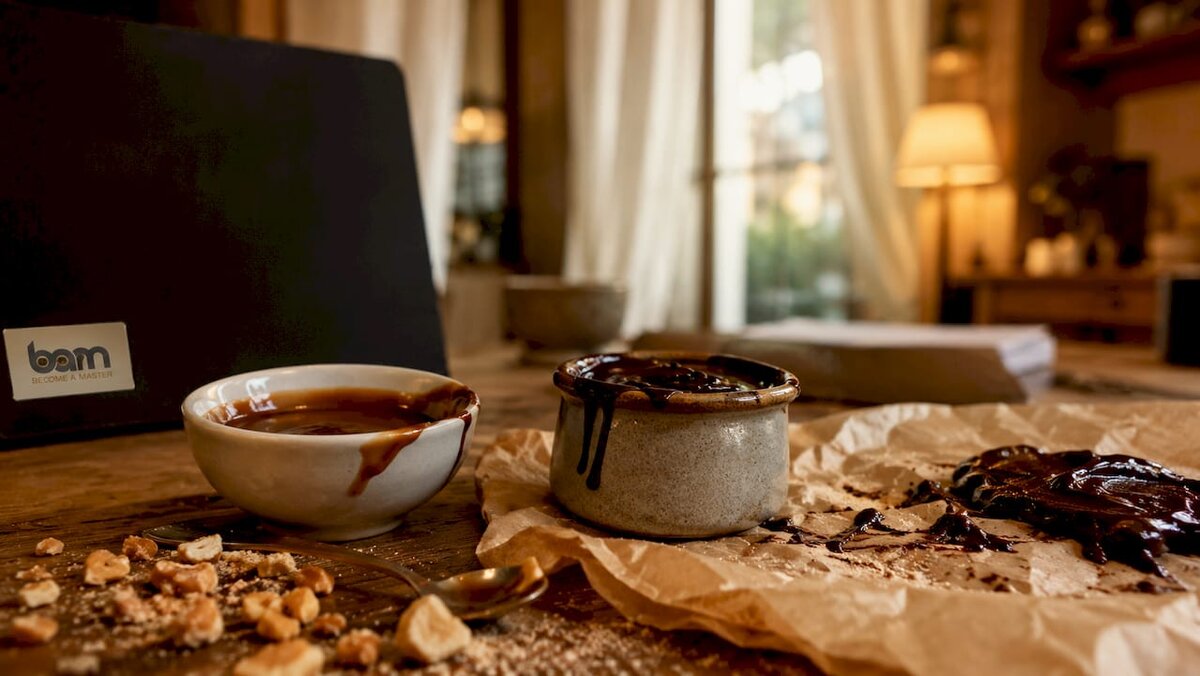 Detailní záběr na čokoládovou ganache a karamelové omáčky
