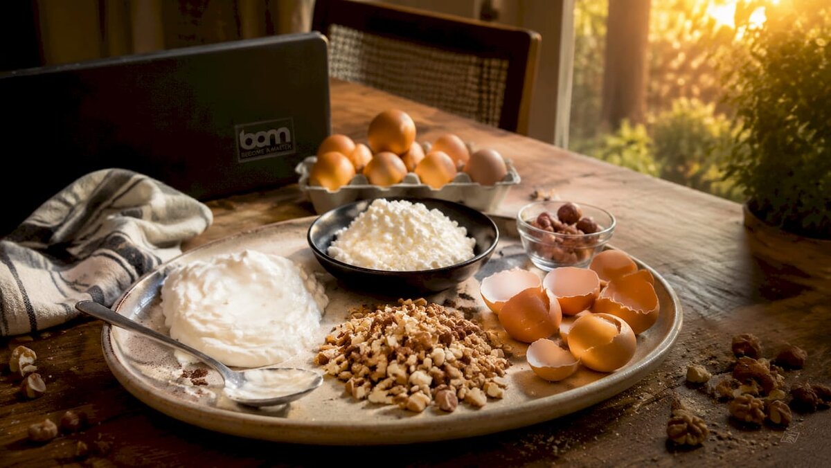 Detailní záběr na ingredience proteinového dezertu na talíři