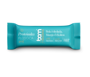 Proteinová tyčinka se sladidlem, Bílá čokoláda, mango a kokos